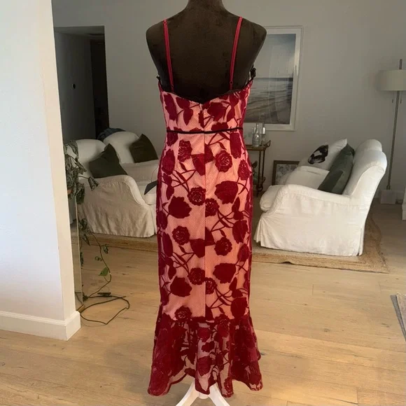 Lulus Alluring Dream Burgundy Floral Mesh Lace Trumpet Midi Dress Red - Size M - Picture 3 of 10